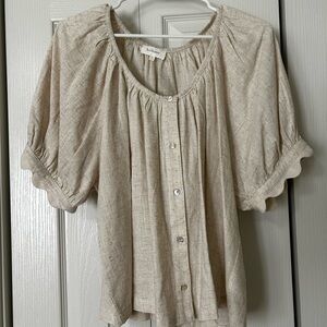 bohme Cream Scoop-Neck Button Front Puff Sleeve Blouse